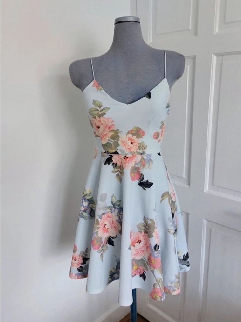 Pastel Blue Floral Spaghetti-Strap Mini Dress